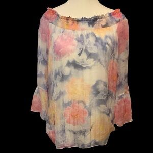 ANGELA MODA SILK SHEER PASTEL FLORAL PRINT/ 3/4 SLEEVE BLOUSE/ Size L